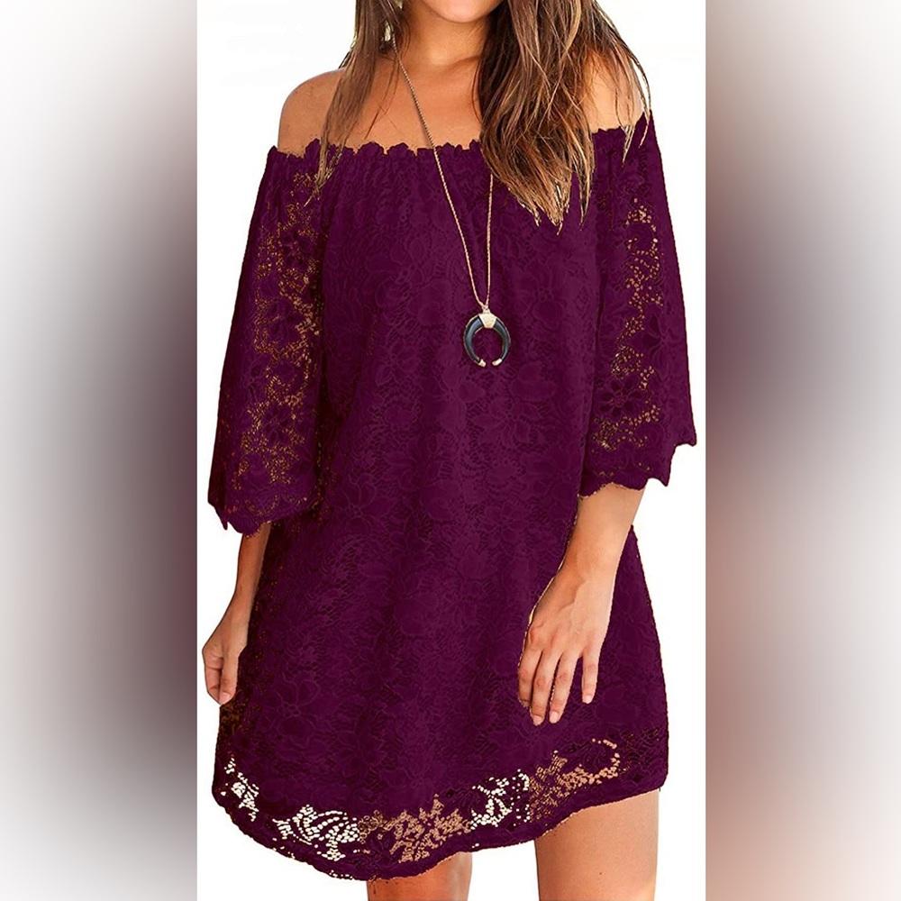Women's Casual Off Shoulder Lace Shift Loose Mini Dress